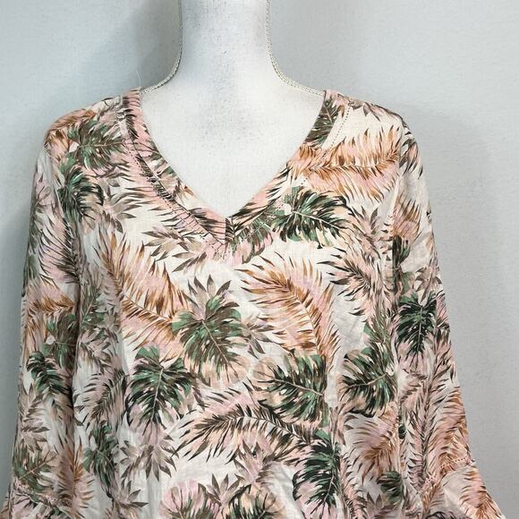 J. Jill Love Linen Blouse Tunic size Medium Pink Green Linen Tropical Beach Slim - Picture 2 of 9